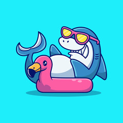 Shark Relax on Flamingo Tires with Cute Pose. Animal Vector Icon Illustration, Isolated on Premium Vector