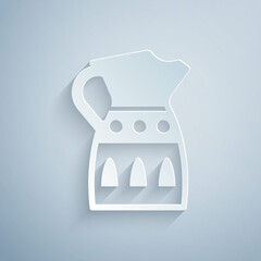 Paper cut Sangria pitcher icon isolated on grey background. Traditional spanish drink. Paper art style. Vector
