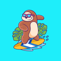 Sloth Playing Surfing with Cute Pose. Animal Vector Icon Illustration, Isolated on Premium Vector