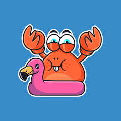 Cute Crab Cartoon with Flamingo Tires. Animal Vector Icon Illustration, Isolated on Premium Vector