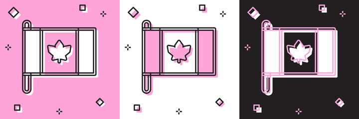 Set Flag of Canada icon isolated on pink and white, black background. North America country flag on flagpole. Vector