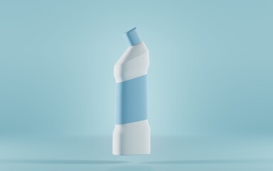 Toilet cleaner on isolated blue background. White bottle with empty label for branding, detergent product for bathroom cleaning or bleach. Container disinfectant gel 3d illustration mock up package