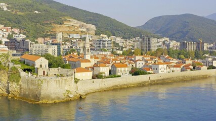 Budva. Montenegro. View of the city from above. Aerial photography. Dawn