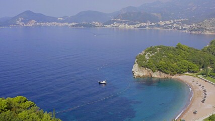 Village and beach Milocer. King and Queen Beaches. View from above. Aerial photography. Budva. Montenegro