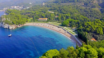 Village and beach Milocer. King and Queen Beaches. View from above. Aerial photography. Budva. Montenegro