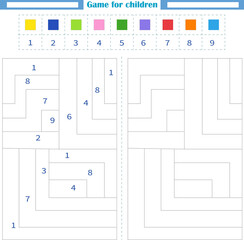   Worksheet for children. Color the empty shapes by number and color. Development of attention