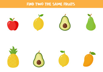 Find two identical fruits. Educational game for preschool children.