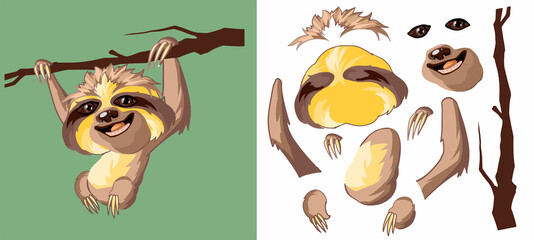 Cute joyful Sloth hanging on a branch. Cartoon character. Classic handmate vector illustration. Isolated. Sloth for animation © Andrey