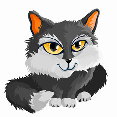 Black white little cute citten. Big yellow eyes. Cartoon character. Classic handmate vector illustration. Isolated. Cat for animation