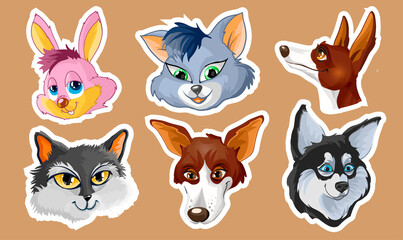 Cute Cartoon Cats Muzzle Vector Set. Rabbit, Dogs, Cats. Animal Heads Collection