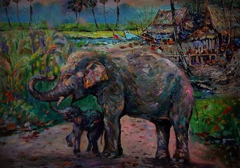 Art painting Oil color Elephant family thailand