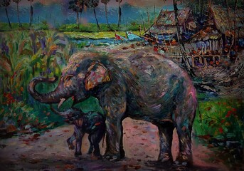 Fototapeta premium hand painted original impressionism art painting oil color elephant family thailand nature 