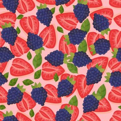 Pattern of ripe strawberries and blackberries. Berry in section. Berry background. A simple element of decor. Vector illustration.