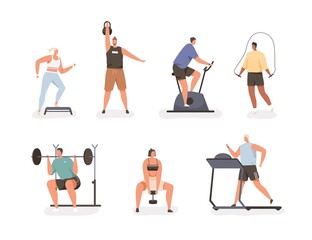 Set of people during cardio exercises and power workouts with gym equipment. Men and women training with jump rope, treadmill, and dumbbells. Flat vector illustration isolated on white background