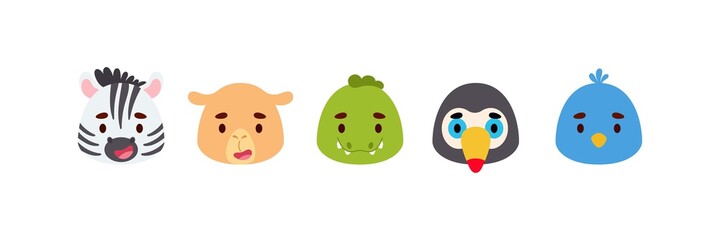 Cute little african animals heads set. Collection funny animals characters for kids cards, baby shower, birthday invitation, house interior. Bright colored childish vector illustration.