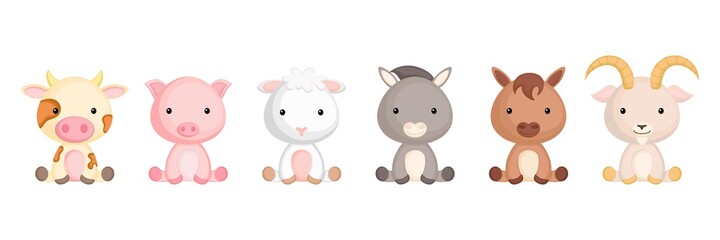 Collection of sitting little animals in cartoon style. Cute farm animals characters for kids cards, baby shower, birthday invitation, house interior. Bright colored childish vector illustration.