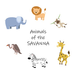 Set of savanna animals for learning and exploring the animal world, elephant, lion, monkey, giraffe, zebra, scavenger