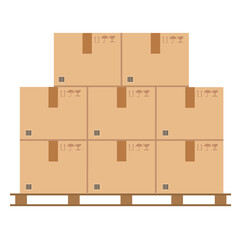 packaging cargo logo. cardboard boxes with fragile signs and barcode on wooded pallet.