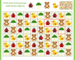   Logic game for children. Divide and circle the groups with the objects shown at the top. Vector illustration