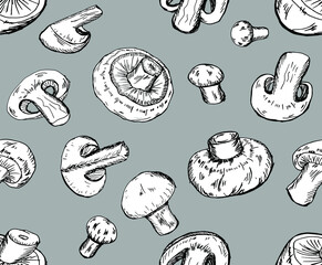 Champignons mushrooms hand drawn vector seamless pattern for textile, fabric, wallpaper. 