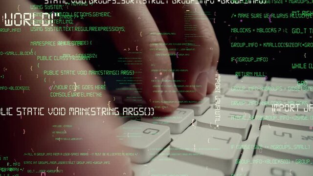 Creative visual of computer programming coding and software development shown by man working on computer keyboard with overlay of computer graphic displaying abstract program codes and computer script