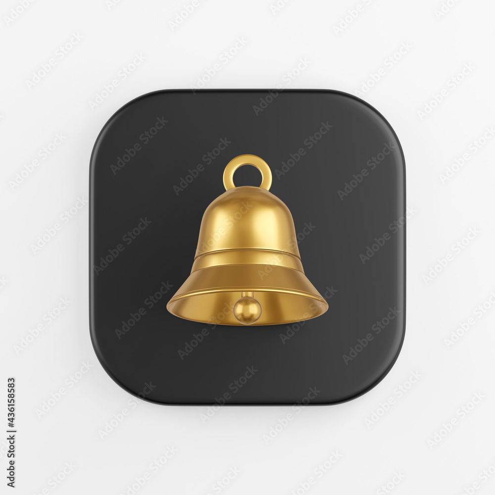 Poster golden bell icon. 3d rendering of black square key button, interface ui ux element.