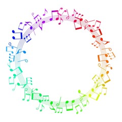 カラフルな音符の円形フレーム、虹色の音楽背景イラスト