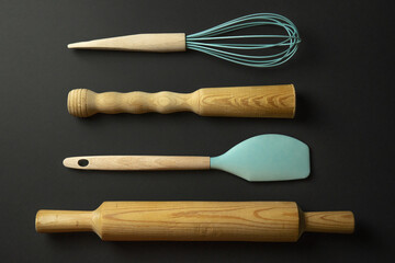 Kitchen items on black background