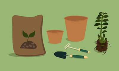 Vector Hand Drawn Garden Tools Set. Web Banner Transplanting a plant to a new location. Gardening Elements Plant with roots, flower pot, shovel, rake, ground