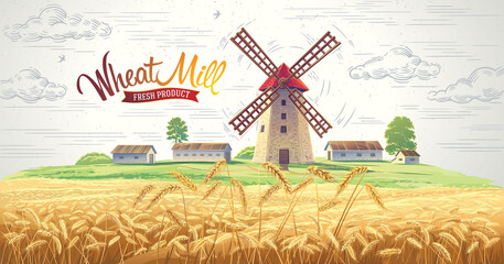 Landscape with mill and with rural buildings and with ears of wheat in the foreground. © Rustic
