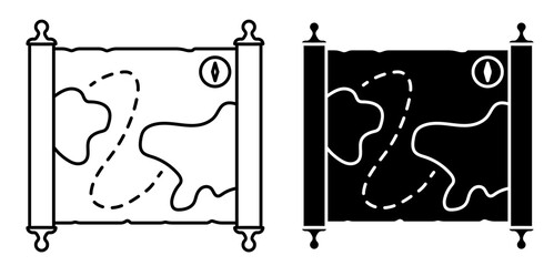 old map icon. Papyrus paper rolled up. Medieval letters and pirate treasure maps. Simple black and white vector