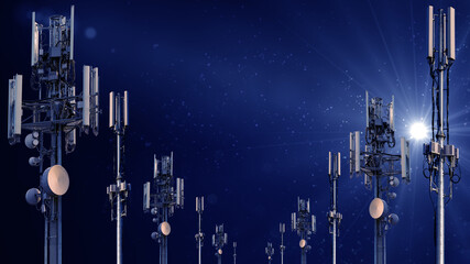 Composition of 5G network mobile telecommunication cell towers set against a deep dark blue space background and lens flare lighting effect 