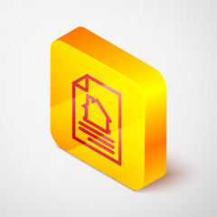 Isometric line House contract icon isolated on grey background. Contract creation service, document formation, application form composition. Yellow square button. Vector