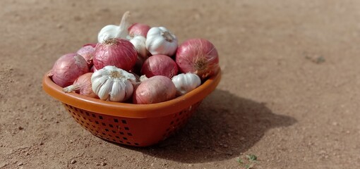 Onions and garlic in a basket