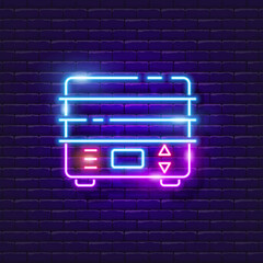 Double boiler neon sign. Vector illustration for design. Fast cooking concept. Glowing icon of household appliances for the kitchen.