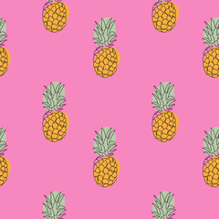 Seamless pattern with pineapple on pink background. Continuous one line drawing pineapple. Black line art on pink background with colorful spots. Vegan concept