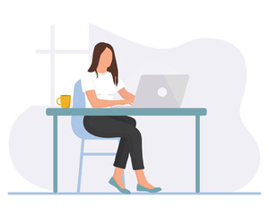 Woman is working  at the desktop with a laptop. Freelance, online education, web surfing or office worker. Vector illustration in cartoon style