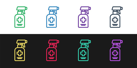 Set line Bottle of liquid antibacterial soap with dispenser icon isolated on black and white background. Antiseptic. Disinfection, hygiene, skin care. Vector.