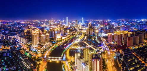 Aerial photography of skyline night scene of Tianjin urban architectural landscape