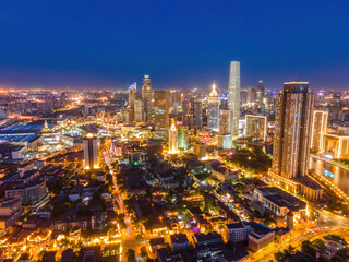 Aerial photography of skyline night scene of Tianjin urban architectural landscape