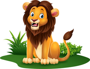 Cartoon funny lion sitting in grass