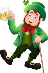 Cartoon happy leprechaun holding beer