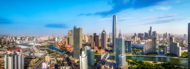 Fototapeta premium Aerial photograph of skyline of architectural landscape of Tianjin Financial Center