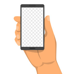 Hand holding smartphone with transparent background in the screen. Vector isolated illustration of a mobile phone display. Blank space for your message.