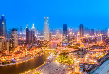 Fototapeta na wymiar Aerial photography of skyline night scene of Tianjin urban architectural landscape