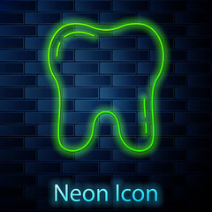 Glowing neon line Tooth icon isolated on brick wall background. Tooth symbol for dentistry clinic or dentist medical center and toothpaste package. Vector