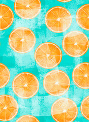 Obraz premium Vertical pattern citrus slice orange, on blue background, stock illustration for design and decor, print, template, banner