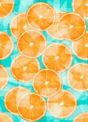 Vertical pattern citrus slice orange, on blue background, stock illustration for design and decor, print, template, banner