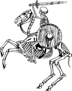 skeleton warrior with sword and shield riding skeleton horse