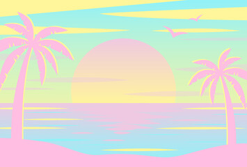vector background with sunset on the beach with palms for banners, cards, flyers, social media wallpapers, etc. - obrazy, fototapety, plakaty